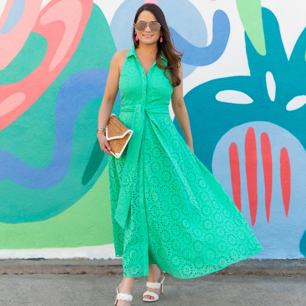 Lilly Pulitzer Chrisella Stretch Maxi Shirtdress (Green Eyelet).